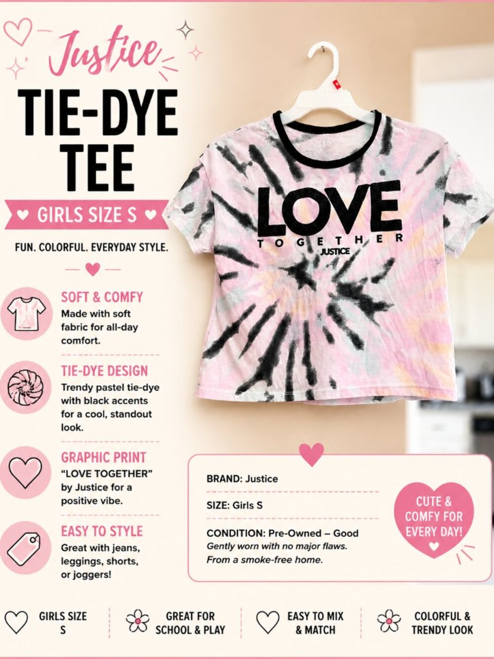 Justice “Love Together” Tie-Dye Tee Girls Small